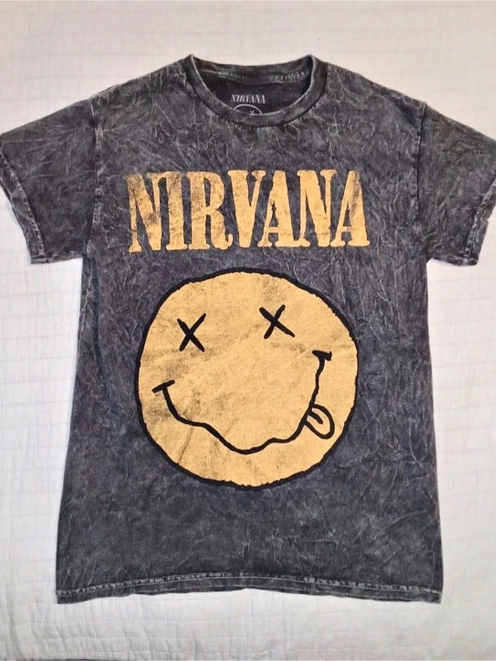 Nirvana Smiley Face Acid Wash Graphic T-Shirt Tee Black & Yellow Small